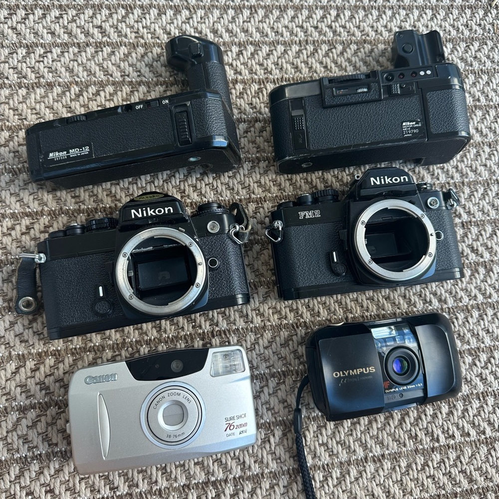 Film Camera Lot Nikon FM2 FE MD-12 MD-4 Olympus Mju Canon Sure shot untested